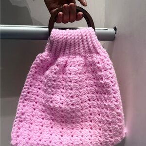 Pink Crochet Handbag with Wooden Handles